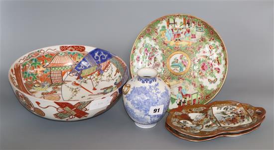 A Japanese Imari bowl, a Fukugawa vase and three dishes bowl diameter 25cm